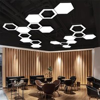 Lampu Gantung LED Heksagonal Persegi Modern, Tinggi Dapat Disesuaikan, Logam Hitam untuk Gedung Perkantoran
