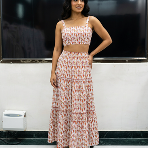 Conjunto de Dos Piezas con Estampado Floral, Top Corto con Cuello Cuadrado, Falda Maxi Línea A, Vestido de Verano sin Mangas, Informal, Transpirable, Tela de Algodón - Product Image 1