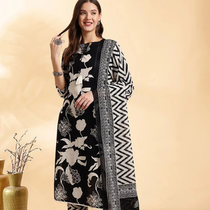 Floral Printed Regular Pure Cotton Straight Kurta with Trousers & Dupatta <b>For</b> <b>Women</b> Bulk product Customized <b>Women</b> Clothing - Product Image 1