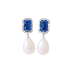 E2622 Orecchini pendenti in oro bianco con zirconi blu e perle finte, gioielli classici da festa per donna - Product Image 1