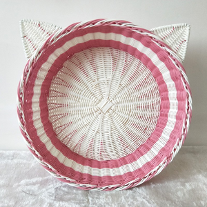 Nouveau panier de rangement tressé en rotin PE rose, forme de chat ronde, résistant aux rayures, pour animaux de compagnie, lit pour chat, très tendance - Product Image 2