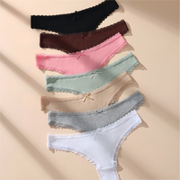 Tanga de algodón acanalado sólido para mujer al por mayor, de punto, con encaje, tiro bajo, suave, transpirable, talla grande, con lazo, OEM ODM