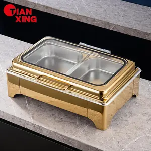 Equipamento de catering de fábrica na China Buffet de comida em aço inoxidável aquecedor de comida hidráulico dourado para casamento