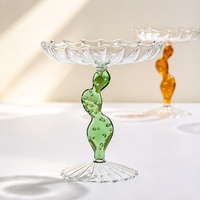 Plateau à fruits en verre fait main unique, bord ondulé, plateau à bonbons, couleur verte, forme de cactus, support à dessert pour la cuisine et la salle à manger