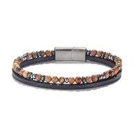 Bracelet vintage en cuir véritable noir et pierre naturelle, fait main, double couche, fermoirs en acier inoxydable, pour homme, bijou de main
