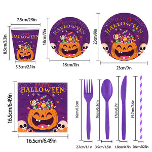 2025 nouveau <span class=keywords><strong>Halloween</strong></span> violet citrouille 8 pièces jetable papier vaisselle ensemble tasses serviettes assiettes pour fête fournitures Kits - Product Image 4