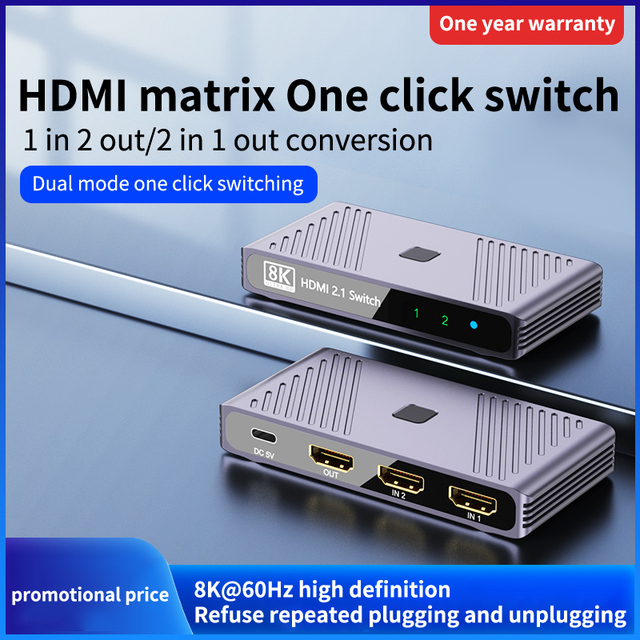 Xput Aluminum Alloy 8K HD 1X2 Hdmi Video Splitter 240Hz Ultra-High Refresh Rate  2-Input 1-Output Splitter HDR HDMI Switcher