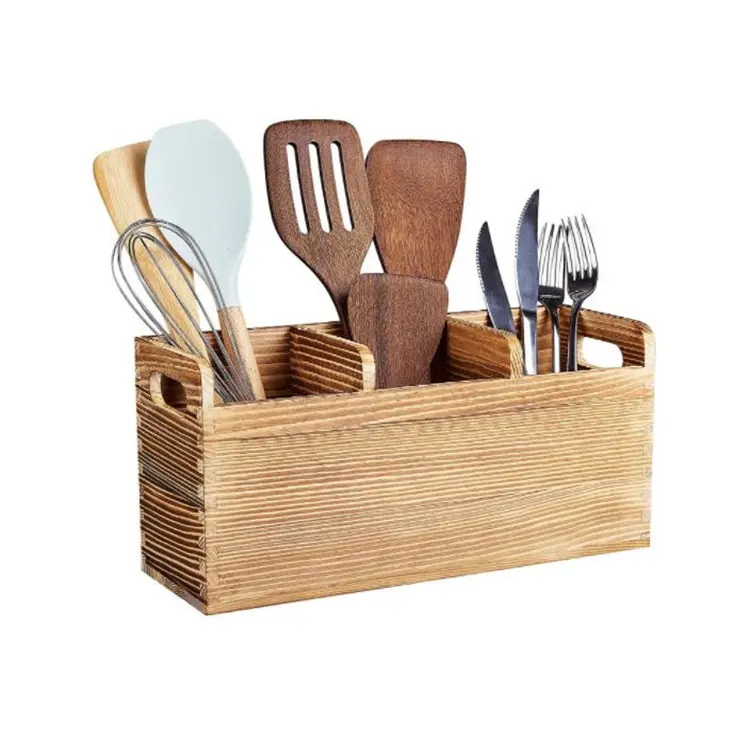 Contatore da cucina organizzatore di utensili da cucina in legno massello 3 scomparti porta utensili da cucina di grandi dimensioni