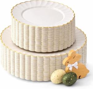 Assiettes jetables en plastique ivoire et or pour Pâques, avec bord festonné et finition dorée, pour dîner et dessert, robustes - Product Image 1