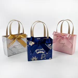 China Wholesale Make Logo Candy Gift Small Paper Bag Wedding Festival Decoration Tote Paper Bag With Ribbon