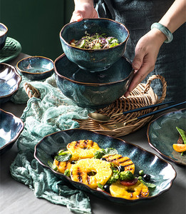 Creative Kiln Transformed Ceramic Tableware <b>Set</b> Unique Green Glaze Salad Bowl Dinner Plate <b>Sets</b> for Hotel Restaurant Dinnerware - Product Image 6