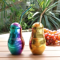 Creative200/340ml Tasse de gourde en acier inoxydable écologique Tasse en métal peint avec couvercle Coffee Wine Parties Comprend une paille assortie