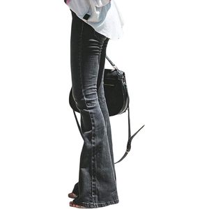 2025 pantalones vaqueros ajustados negros de tiro medio para mujer con pantalones vaqueros transpirables acampanados rasgados talla 12 estilo Y2K - Product Image 1