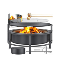 Brasero en fer robuste rond avec double grille et accessoires pour patio extérieur, jardin et camping