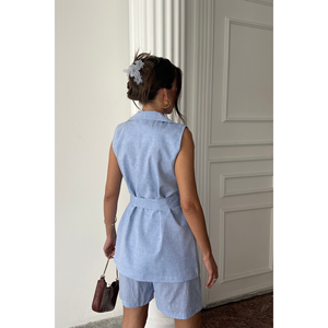 ชุดเสื้อกั๊กและกางเกงขาสั้นผ้าลินินสำหรับผู้หญิง สีฟ้า - Product Image 1
