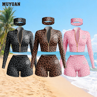 MUYUAN 2026 Set Celana Pendek Dua Potong Motif Leopard Lengan Panjang untuk Wanita dengan Bando, Pakaian Musim Panas Streetwear dari Bahan Spandex Nylon