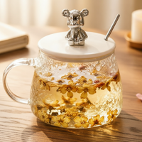 Tasse en verre martelé mignonne de 400 ml avec couvercle et poignée en forme d'ours argenté, écologique, résistante à l'ébullition, design classique pour café/thé, usage quotidien