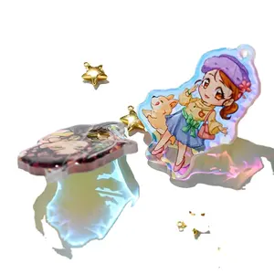 Juno Creatieve Gradiënt Twee Kant Bedrukte Custom Charme Japan Anime Acryl Sleutelhanger Met Glitter Hologram