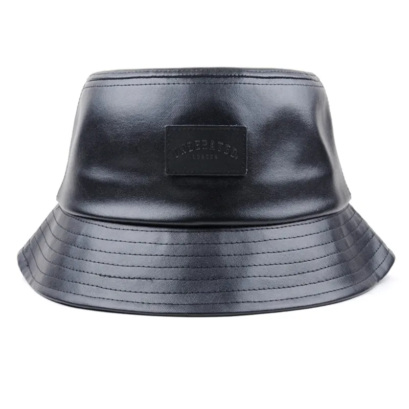 Fashion unisex design fabric PU folding black leather bucket hat with zipper pocket