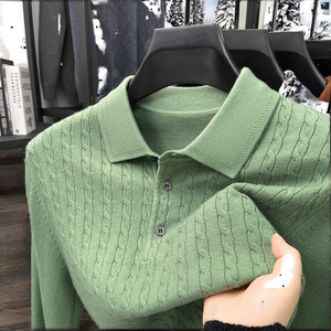 เสื้อโปโลถักไหมพรมสีเขียว แขนยาว คอปก สำหรับผู้ชาย - Product Image 2