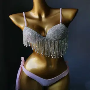 Luxury Swimwear Crystal Diamond Bikini Set Sexy Tassel Rhinestone Bathing Suit Party Rave Clubwear Bar Stripper's Clothing