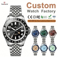 Montre mécanique GMT entièrement personnalisée OEM, mouvement TMI NH34, boîtier en acier inoxydable 316L brossé, verre saphir avec revêtement antireflet