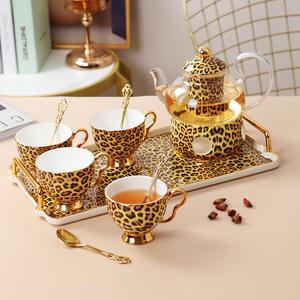Service à thé de luxe nordique, style européen, en céramique, avec théière chauffante, tasses à café, assiettes et plateau, motif léopard, en stock - Product Image 2