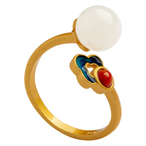 Sterling Silver Antique Gold <b>Ring</b> With Natural Hetian <b>Jade</b> Enamel Chinese Style Open Design Flower Shape Auspicious Clouds - Product Image 5