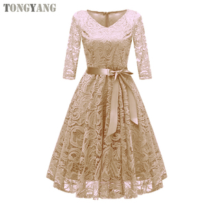 TONGYANG Summer New Party Dress elegante a Line scollo a V <span class=keywords><strong>mezza</strong></span> <span class=keywords><strong>manica</strong></span> al ginocchio <span class=keywords><strong>lungo</strong></span> donna <span class=keywords><strong>abito</strong></span> <span class=keywords><strong>lungo</strong></span> in pizzo - Product Image 6