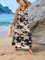 Robe longue vintage sans dos à bretelles fines imprimé feuilles, confortable pour l'été, idéale pour la plage et les vacances, légère