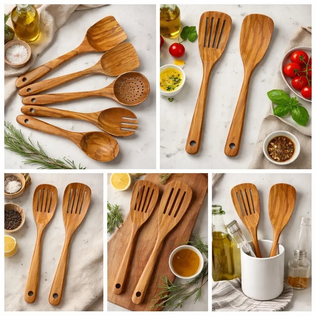 Olive Wood Wooden Cooking Utensil Set with Spatula, Cooking Mixing Spoon, Salad Spoon and Fork · image 3