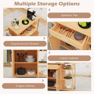 Chariot bar de cuisine en bambou avec roues verrouillables 3 étagères ouvertes et armoires de rangement Porte-serviettes roulant et tiroirs - Product Image 3