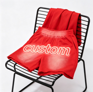 Shorts en coton rouge pour homme, imprimé personnalisé, taille mi-haute, élastique, délavé à l'acide, respirant, style décontracté, logo frontal - Product Image 3