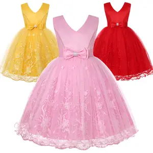 2021 वसंत नई बच्चों के धुंध राजकुमारी स्लिम वि गर्दन कशीदाकारी Pompous लड़की के जन्मदिन की पोशाक फीता स्कर्ट