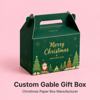 Boîte cadeau Gable de Noël en gros avec poignée pour cosmétiques, jouets, ours en peluche, Père Noël, flocon de neige, emballage en papier Evergreen