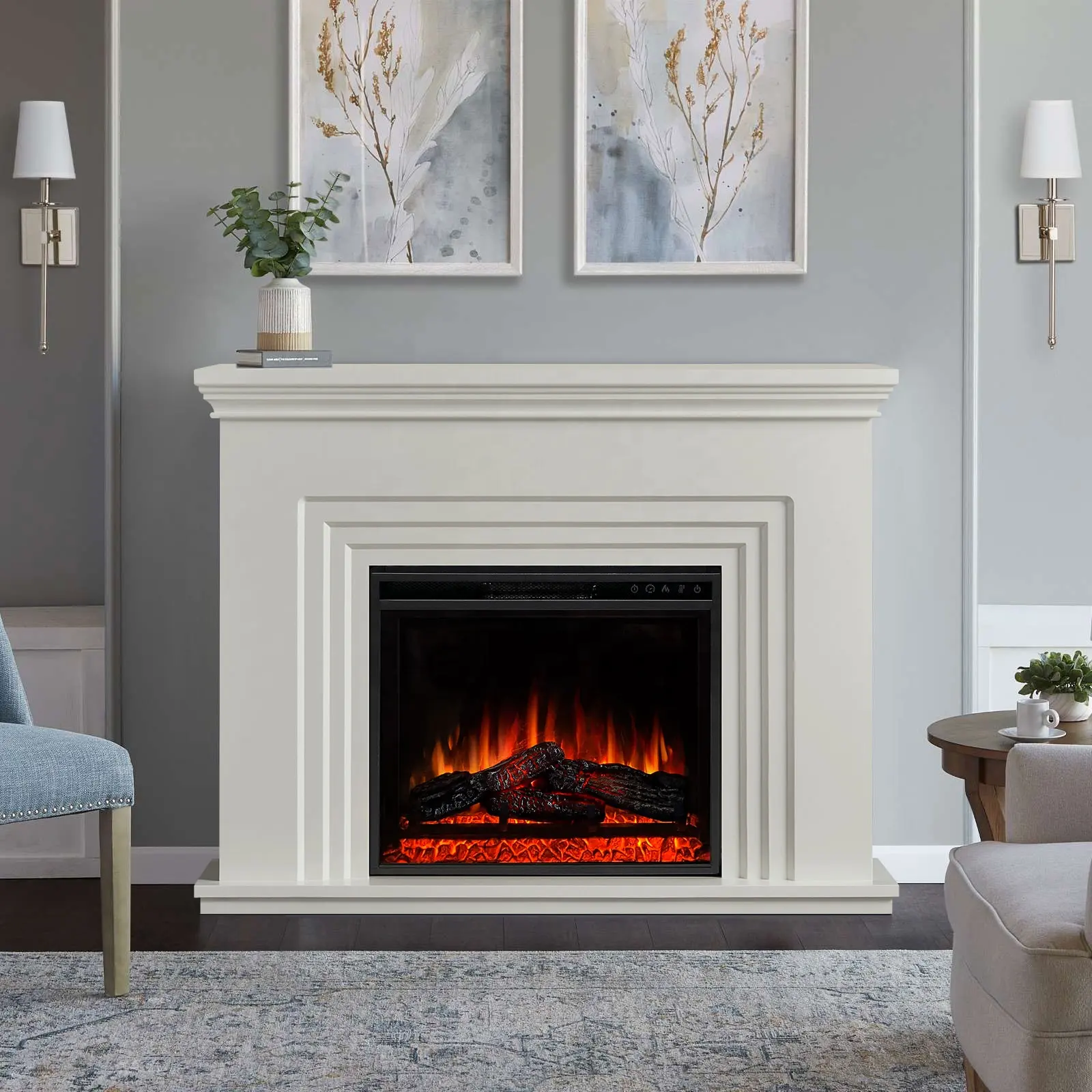 Noyau de cheminée électrique décoratif de flamme de simulation de manteau en bois télécommandé autoportant blanc minimaliste avec manteaux