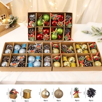 24 pièces de boules de Noël en plastique incassables de forme ronde assorties, boîte cadeau, boules scintillantes, ornements en forme de cône de pin pour l'arbre de Noël