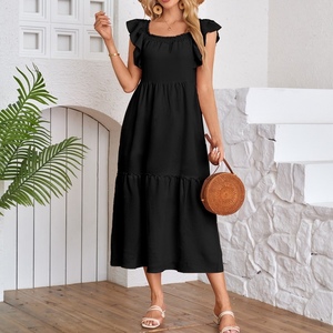 Vestidos de moda para mujer con cuello cuadrado, sin tirantes, mangas volantes y dobladillo plisado - Product Image 3