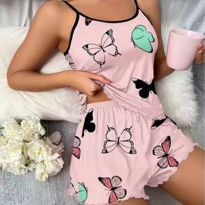 Conjunto de 2 Piezas de Pijama Sexy para Mujer, Estampado de Corazón y Lazo, Seda de Leche, Camiseta sin Mangas y Pantalones Cortos, Ropa de Dormir - Product Image 3