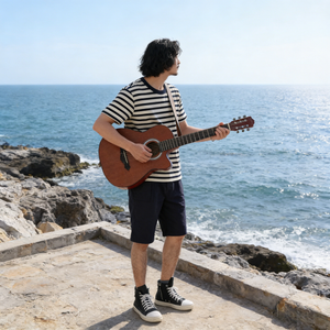 T-shirt à col rond rayé rétro en jersey 100% coton pour homme, 230g, poids lourd, écologique, rayures bretonnes, manches courtes, streetwear - Product Image 2