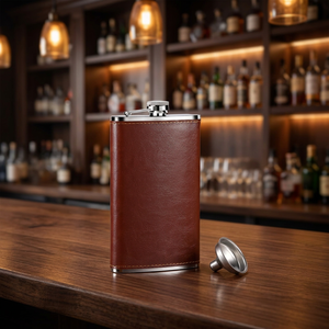 Gourde à liqueur portable en acier inoxydable de 6 oz avec étui en cuir pour les voyages en plein air, le camping, les hommes, les femmes, les cadeaux d'affaires, le whisky, le vin, l'alcool - Product Image 2
