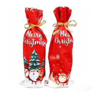 Sacs cadeaux écologiques pour bouteilles de vin <span class=keywords><strong>Joyeux</strong></span> Noël, housses imprimées Père Noël et rennes avec ruban doré, réutilisables pour fêtes de fin d'année - Product Image 2