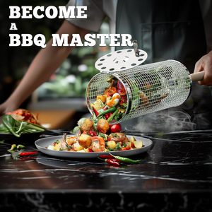 Cesta para asar con ruedas, mango de madera extraíble, acero inoxidable 304, diseño apilable para asar verduras, cocinar al aire libre y acampar - Product Image 4