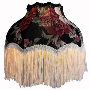 Abat-jour en tissu floral noir vintage, franges en crème, style rétro, fait main, écologique, lampe de table décorative, décoration d'intérieur - Product Image 2