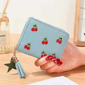 Short Cherry Embroidered Wallet New Student Simple Fashion Wallet Unique Small Cheap Zipper Coin Purse Wallet