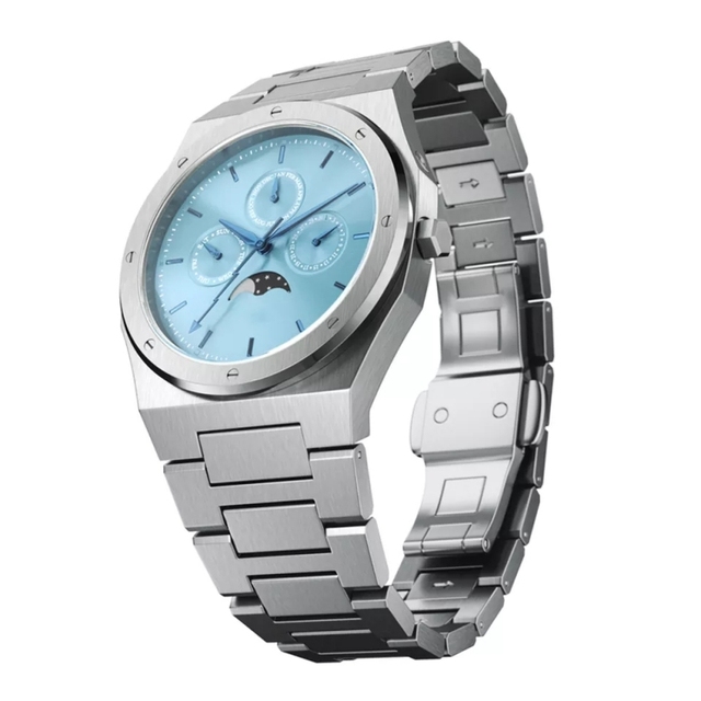 Hottest Top Brand Design New Date Week Month Moon Phase Quartz 316L Stainless Steel High Quality Ice Blue Watch for Men