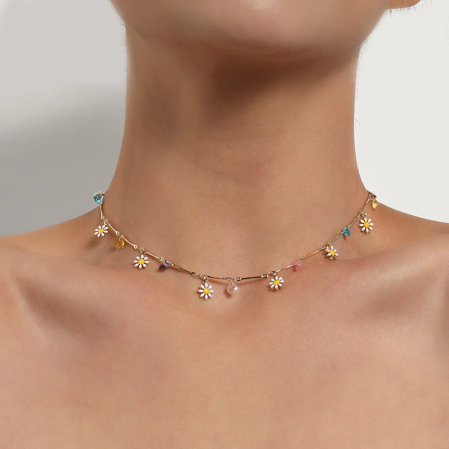 Zooying Kleurrijke Edelsteen Ketting Met Minimalistisch Temperament Geschilderd Druppelglazuur Bloem Ketting Voor Vrouwen