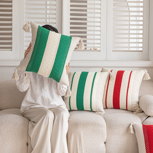 Christmas Red Green <b>Striped</b> Tassel Pillowcase Square Cotton Removable Home Decor <b>Cushion</b> Cover - Product Image 5