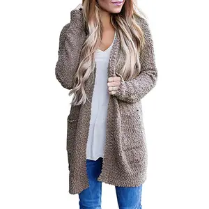 Herbst Winter warme Strick mantel V-Ausschnitt offene Popcorn lange Frauen Strickjacke mit Tasche