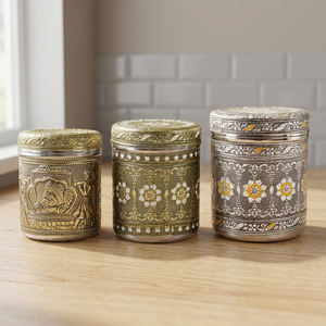 Oriental Engraved Stainless steel spice Containers Set With Lid Round Design <b>Storage</b> <b>Boxes</b> For <b>Kitchen</b> Use - Product Image 5